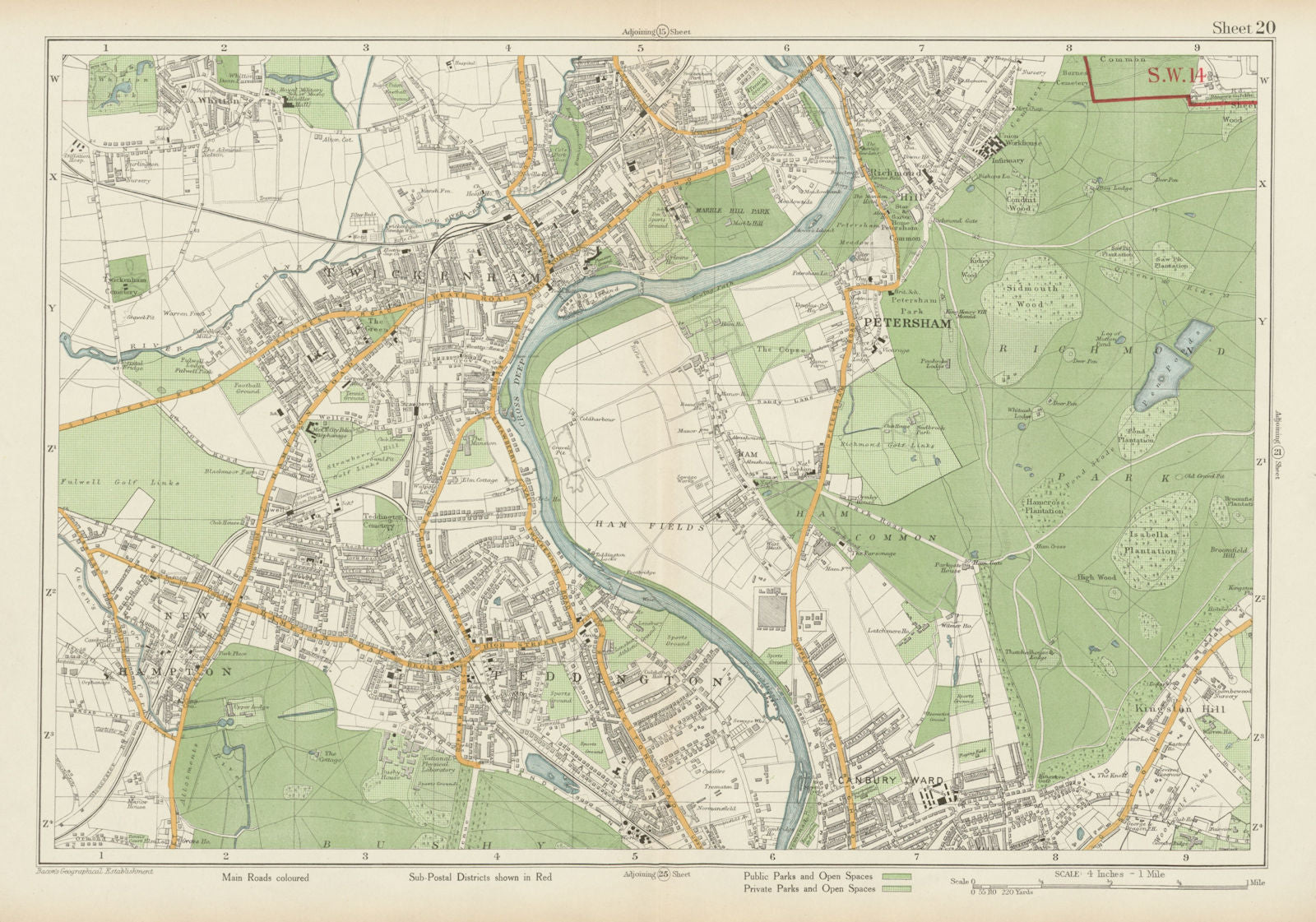 TWICKENHAM TEDDINGTON Petersham Richmond Hill/Park Kingston Ham. BACON 1934 map